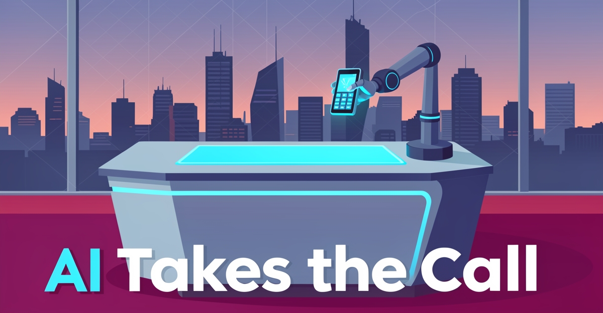 A futuristic illustration of an AI receptionist handling a phone with a cityscape background, symbolizing 24/7 intake and efficiency for law firms.